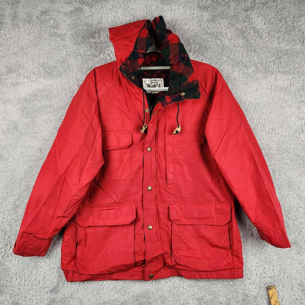 Vintage Woolrich Jacket Womens Large Red Hooded Wool Plaid Lined Parka USA 80s